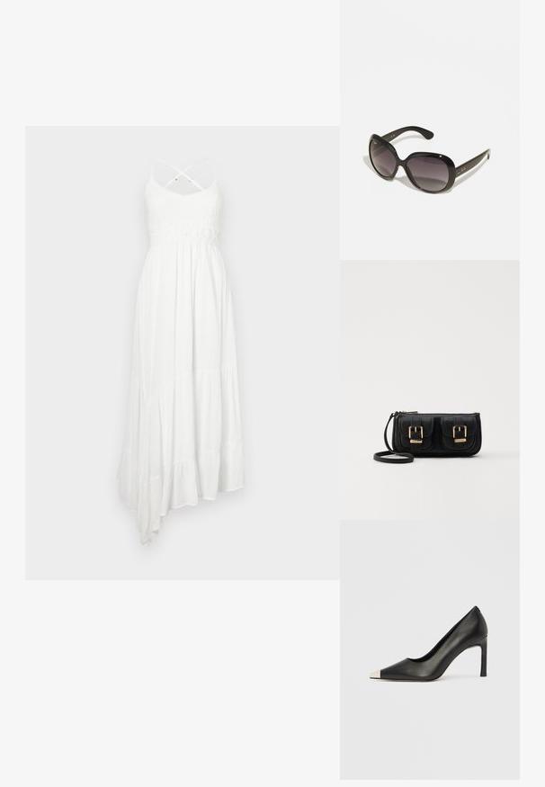 Fehér maxi ruha texturált kötött felsőrésszel, plissézett szoknyával és aszimmetrikus hemvéggel. Keresztbe fonott spagetti pántokkal és horgolt derékbőséggel rendelkezik.; Fekete bőr magas sarkú cipő hegyes orral és fém ezüst orrtippel. Simább kivitelű, karcsú, 10 cm-es sarokkal.; Fekete napszemüveg, oversize, lekerekített kerettel. Az üvegek sötéttől világosig haladnak. Elegáns, fényes felülettel és diszkrét logó részletekkel a szárakon.; Fekete bőr keresztbody táska két elülső zsebbel, arany csattokkal, cipzáras záródással és vékony pánttal. Textúrált felület és kompakt téglalap alak.