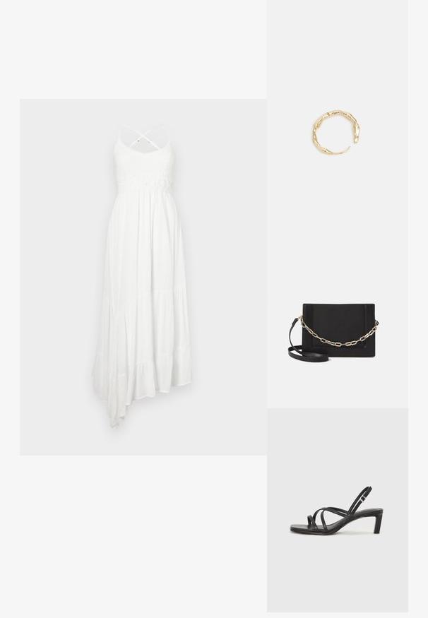 Bijela maksi haljina s teksturiranim pletežom, nabranim suknjom i asimetričnim rubom. Ima križne naramenice od spageti i čipkastu rundu u struku.; Crne sandale s trakama, kvadratnim prstom i niskom blok petom. Ima više tankih trakica i podesivu trakicu oko gležnja. Izrađene su od glatke kože.; Crna kožna torba preko tijela s glatkom teksturom, pravokutnim oblikom i metalnim lancem na prednjoj strani. Uključena je podesiva naramenica.; Prsten u zlatnoj nijansi s organskim, uvijenim dizajnom, glatkom teksturom i suženim krajevima, koji stvara moderan, skulpturalni izgled.
