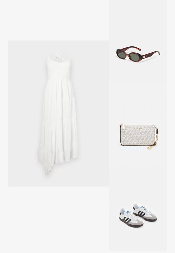 Biela maxi šaty s textúrovaným pleteným korzetom, plisovanou sukňou a asymetrickým lemom. Majú krížené ramenné popruhy a háčkovaný pás.; Športové topánky s bielym koženým zvrškom, šedou semišovou špičkou a tromi čiernymi pruhmi. Obsahujú modré logo na jazyku a štruktúrovanú gumovú podrážku.; Okuliare s korytnačími škrupinami s tmavými sklami, oválnym tvarom a širokými ramenami. Majú malý zlatý akcent na boku. Hladký plastový materiál.; Michael Kors zápästná taška v béžovej potiahnutej plátenej tkanine s opakujúcim sa vzorom loga MK, zlatým kovania a odnímateľným reťazovým popruhom.