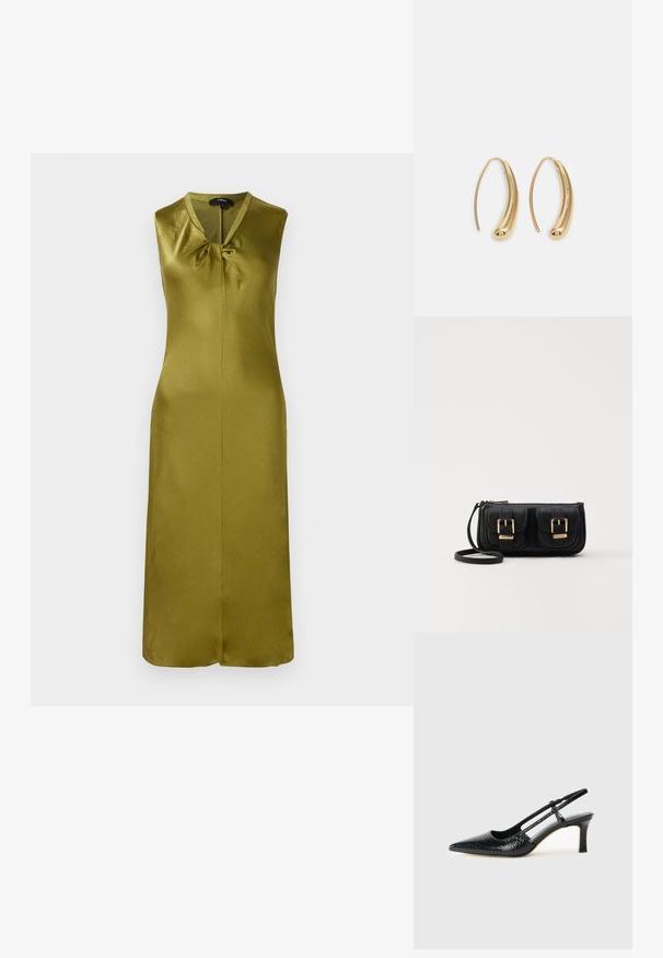 Rochie verde oliv fără mâneci, confecționată din satin neted, are decolteu în V și un detaliu cu nod în față, cu o cusătură centrală și croi drept.; Pantofi cu toc slingback negri din patent, cu vârf ascuțit, cu imprimeu de șarpe texturat, curea ajustabilă și toc scurt texturat.; Geantă neagră din piele, tip crossbody, cu două buzunare frontale, catarame aurii, închidere cu fermoar și o curea subțire. Suprafață texturată și formă rectangulară compactă.; Cercei din metal auriu, cu un design curbat și alungit. Au o suprafață netedă și strălucitoare, cu un vârf rotunjit pentru un detaliu suplimentar.