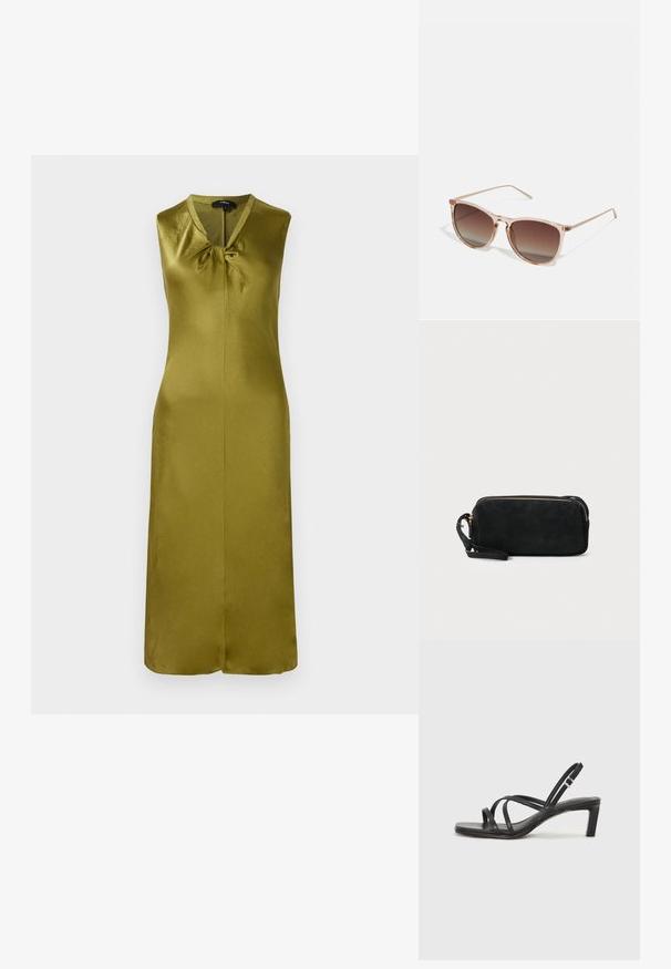 Abito senza maniche di colore verde oliva, realizzato in satin morbido, presenta un scollo a V e un dettaglio con nodo frontale con una cucitura centrale e taglio dritto.; Sandalo nero con cinturini, dalla punta squadrata e tacco basso a blocco. Presenta diversi cinturini sottili e una cinturini regolabile alla caviglia. Realizzato in pelle liscia.; Occhiali da sole con gradiente marrone e una montatura traslucida rosa, forma quadrata e aste in metallo sottili. Presentano bordi arrotondati e dettagli minimali.; Borsa a pochette nera in suede con chiusura a zip e tracolla rimovibile. Presenta hardware in tonalità oro e una texture liscia e opaca.
