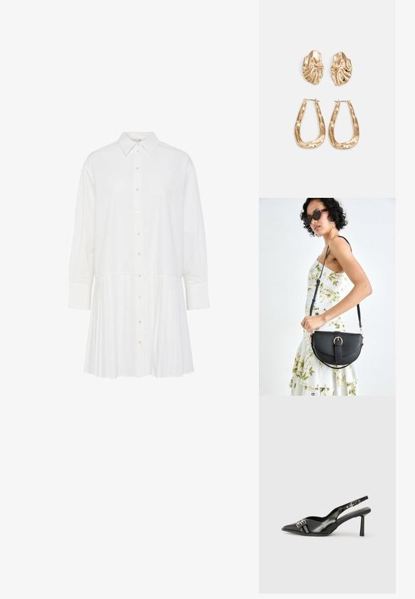 Abito bianco a camicia con collo classico, maniche lunghe, chiusura frontale con bottoni e parte inferiore plissettata. Realizzato in tessuto liscio.; Scarpa slingback in vernice nera con punta affusolata, cinturini alla caviglia con fibbie in argento e accessori, e tacco sottile.; Borsa a tracolla nera in pelle con una forma curva, manico rimovibile e accessori dorati. La borsa presenta una patta con un dettaglio a fibbia.; Orecchini in tono oro caratterizzati da forme ondulate eTexture. Comprendono chiusure clip-on scultoree e un design a cerchio aperto con finitura martellata.