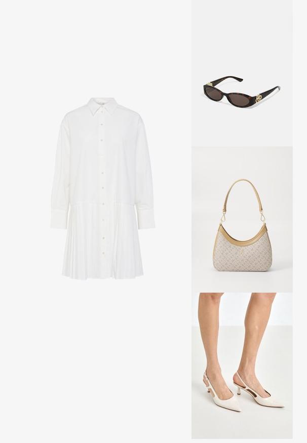 Weißes Hemdkleid mit Kragen, langen Ärmeln, durchgängiger Knopfleiste und gefälteltem unteren Abschnitt. Hergestellt aus glattem Stoff.; Beige Lackleder Slingback-Absätze mit spitzem Fuß und 5 cm Absatz, mit ausgeschnittenen Seiten und einem schmalen Knöchelriemen.; Schildpatt-Sonnenbrille mit länglich-ovalen Gläsern, braunem Farbton, goldenen Logo-Akzenten an den Bügeln und schlanken schwarzen Bügeln.; Beige gemusterte Handtasche mit geschwungener Form, Lederakzenten und einem goldfarbenen Logo auf der Vorderseite. Verfügt über einen kurzen Griff für einfaches Tragen.