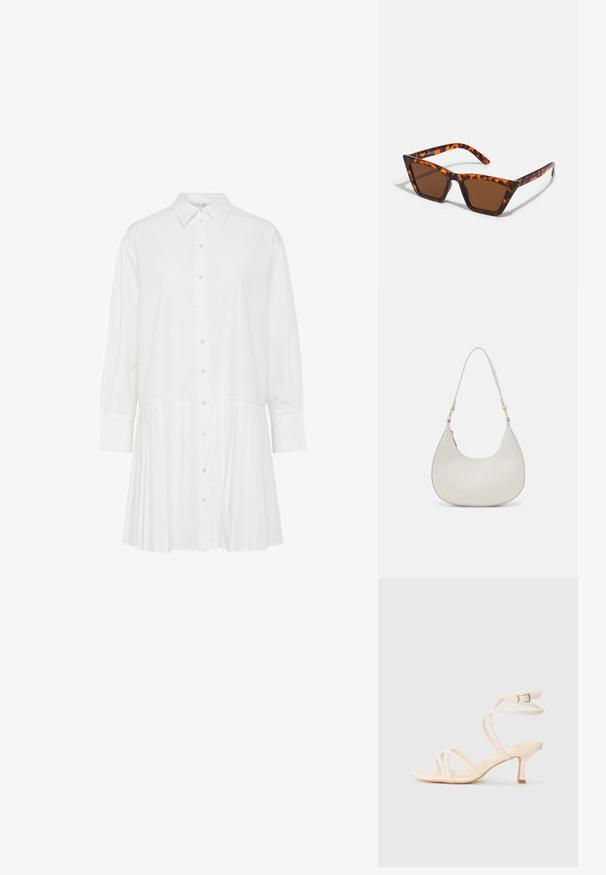 Baltas krekla stila kleita ar apkakles izgriezumu, garām piedurknēm, pogu aizdari un plisētu apakšējo daļu. Izgatavota no gludas auduma.; Nude krustoti sandales ar plānām pārsnieguma siksnām, kvadrātveida purngalu un vidēja augstuma papēdi. Aprīkots ar sprādzes potītes siksnu un gludu tekstūru.; Brūnas tintētas saulesbrilles ar bruņurupuču rakstu, stūra forma, un šaurām kājām. Viegls plastmasas materiāls.; Krems krāsas ādas plecu soma ar pusmēness formas siluetu, plānu siksniņu un smalku šuvju detaļām. Minimālistisks dizains ar zelta toni aparatūras akcentiem.