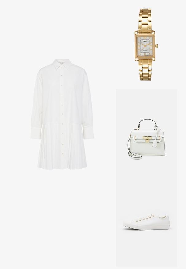 Bela obleka s kratkimi rokavi in ovratnikom, dolge rokave, sprednje gumbe in nabran spodnji del. Narejena iz gladkega blaga.; Converse CHUCK TAYLOR ALL STAR - Športni copati - vintage white/light gold; Bela torbica z krokodiljim vzorcem, zlatimi dodatki, zgornjim ročajem in snemljivo naramnico; vključuje zaklep, preprost dizajn.; Zlato obarvana pravokotna ročna ura z belo številčnico, srebrnimi kazalci in trdno kovinsko zapestnico. Vključena je vodoodporna funkcija.