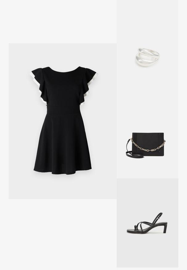 Juoda trumpa rankovėm suknelė su raukšlėmis ir baltais akcentais, prigludusi liemenė ir platėjanti sijonas, pagaminta iš glotnaus, tampraus audinio.; Juodi šlepetės su kvadratiniu pirštu ir žemu bloku kulnu. Yra keli ploni dirželiai ir reguliuojamas kulkšnies diržas. Pagaminti iš lygios odos.; Juodas odinis per petį nešiojamas krepšys turi lygų paviršių, stačiakampio formą ir metalinę grandinėlę priekyje. Pridedama reguliuojama dirželis.; Sidabrinis dvigubas žiedas su lygiu, poliruotu paviršiumi. Pasižymi sklandžiu, kreiptu dizainu su persipinančiomis dalimis, suteikiančiomis modernų išvaizdą.