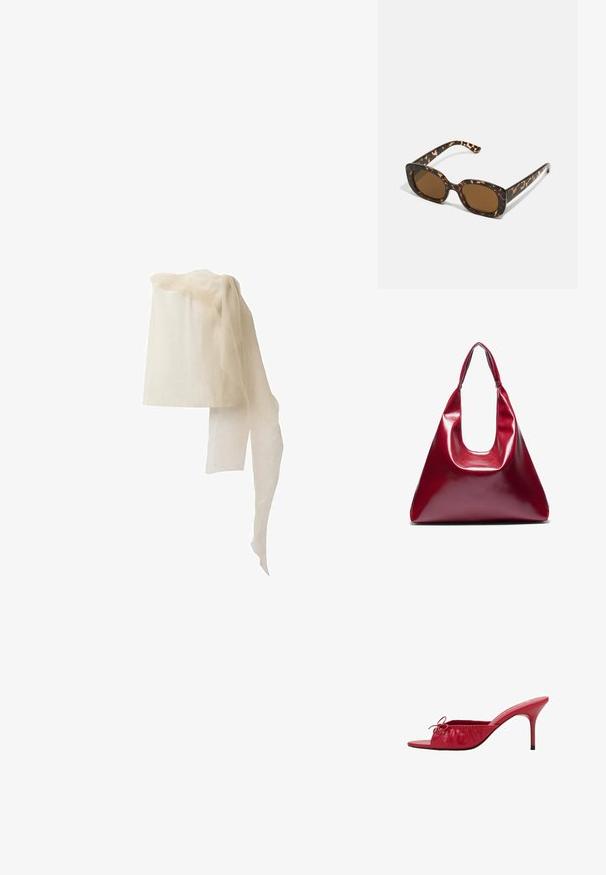 Leinenkopfbedeckung in Off-White, zylindrische Form mit einem durchsichtigen, fließenden Schal, der oben drapiert ist und eine weiche, durchsichtige Textur aufweist.; Rote Leder-Slipper mit offenem Zehenbereich, gefältetem Design und einer dekorativen Schleife. Ausgestattet mit einem Stiletto-Absatz und glatter Oberfläche.; Schildpatt-Sonnenbrille mit einem runden, klobigen Rahmen und braunen Gläsern. Verfügt über dezente Muster und gerade, zulaufende Bügel.; Rote glänzende Lederhandtasche mit dreieckiger Form, breiter Öffnung oben und einem geschwungenen Griff. Glatte Textur mit minimalen Nähdetails.