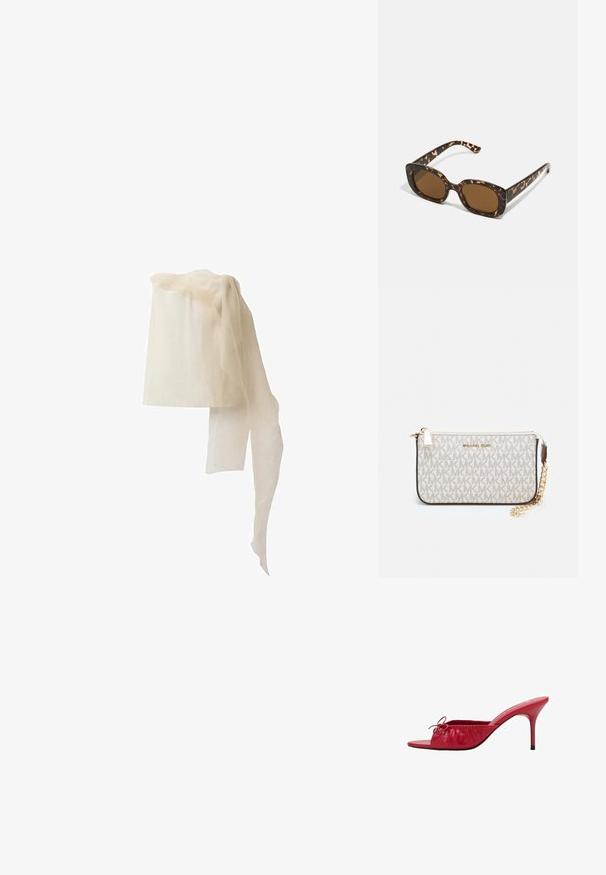 Ľanový čelenka v off-white farbe, cylindrického tvaru s priesvitným, splývajúcim šatkom prehodeným cez vrch, s jemnou, priesvitnou textúrou.; Červené kožené sandále s otvorenými špičkami, s nariaseným a skladaným dizajnom a dekoratívnou mašľou. Vybavené sú vysokým podpätkom a hladkým povrchom.; Slnečné okuliare v tortoiseshell štýle s okrúhlym, robustným rámom a hnedými šošovkami. Má jemné vzory a rovné, zoštíhlené ramená.; Michael Kors zápästná taška v béžovej potiahnutej plátenej tkanine s opakujúcim sa vzorom loga MK, zlatým kovania a odnímateľným reťazovým popruhom.