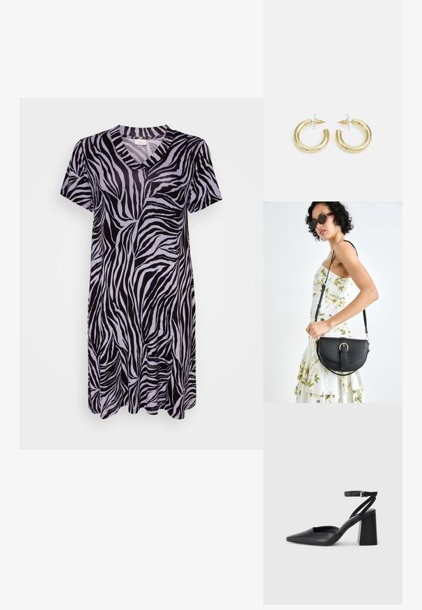 Juodai ir šviesiai purpurinės zebra rašto suknelė trumpomis rankovėmis, su v-kaklu ir plačiu siluetu, pagaminta iš švelnios, lygios medžiagos.; Juoda odinė smailiagalė aukštakulnio bateliai su kulkšnies dirželiu ir storu kulnu. Lygus paviršius, elegantiškas dizainas ir minimalistiška estetinė. ; Juodas odinis krepšys su išlenkta forma, nuimamu dirželiu ir auksiniais detalėmis. Krepšys turi kilpą su sagtimi.; Aukso auskarai su lygiu, blizgiu paviršiumi. Apvalus dizainas su maža užrakto dalimi ir skaidria atrama saugiam nešiojimui.