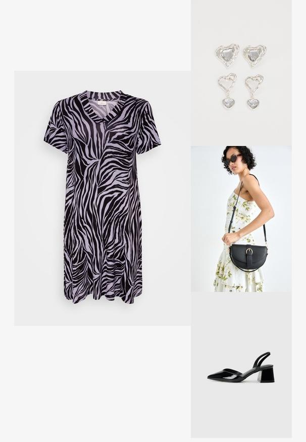 Fekete és világos lila zebramintás, rövid ujjú ruha, V-nyakkivágással és lágy, sima szövettel ellátott, áramló sziluettel.; Fekete lakk bőr szandálkés magas sarkú cipő, hegyes orral és geometrikus tömbsarkakkal. Karcsú, minimalista dizájn és sima textúra jellemzi.; Fekete bőrtáska ívelt formával, levehető pánttal és arany színű fémrészekkel. A táskán egy csattal díszített fedél található.; Ez az ezüst szív alakú fülbevaló sima, átlátszó kövekkel rendelkezik, texturált kerettel. A készlet stud és csepp stílust is tartalmaz.