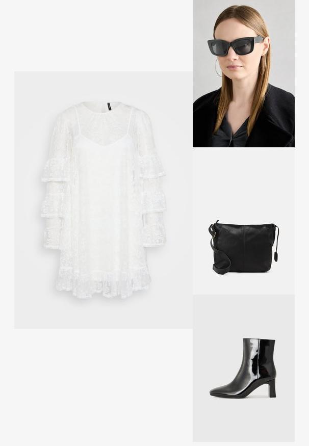 Vestido branco de renda com um decote redondo, forro em corte em V e mangas longas com camadas de babados. Textura transparente com padrões florais por todo o vestido.; Botim de tornozelo em pele sintética preta com bico apontado e salto bloco de altura média. Textura suave e design minimalista.; Óculos de sol pretos em formato de gato com lentes escuras, armações grossas e acentos subtis. Usados com um casaco preto e uma blusa cinza, apresentando cabelo longo e liso.; Mala de ombro em couro preto com forma plana, detalhes em metal dourado e alça ajustável. Textura suave com detalhes de costura mínimos.