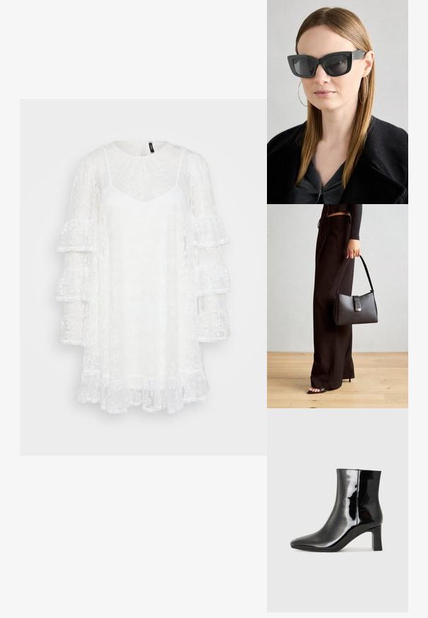 Vestido branco de renda com um decote redondo, forro em corte em V e mangas longas com camadas de babados. Textura transparente com padrões florais por todo o vestido.; Botim de tornozelo em pele sintética preta com bico apontado e salto bloco de altura média. Textura suave e design minimalista.; Óculos de sol pretos em formato de gato com lentes escuras, armações grossas e acentos subtis. Usados com um casaco preto e uma blusa cinza, apresentando cabelo longo e liso.; Bolsa preta com forma estruturada, textura suave e um fecho metálico. Combinada com calças largas pretas e sandálias de salto aberto sobre um chão de madeira.