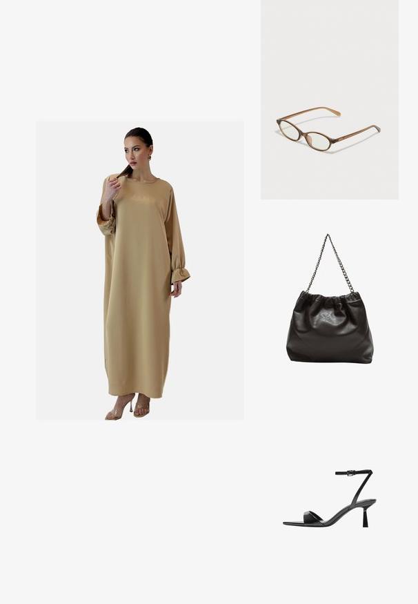 Elara ABAYA - Maxikleid - dunkelbeige; Bershka High Heel Sandalette - black; Braune Schildpatt-Brille mit ovalen Gläsern, dünnen Bügeln und transparenten Akzenten. Verfügt über ein dezentes Logo am Bügel. Elegantes, leichtes Design.; Braune Lederhandtasche mit gerafftem Oberteil und Kettenriemen. Glatte Textur mit glänzendem Finish und subtilen Nahtdetails an den Seiten.