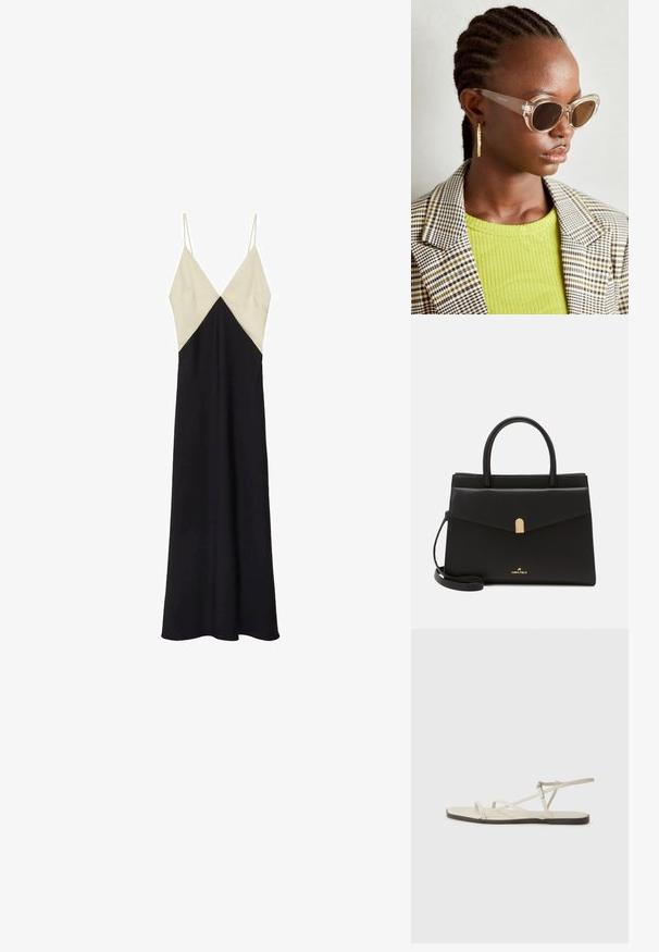 Mango Vestido de cóctel - black; Sandalia plana beige con múltiples correas delgadas y hebilla ajustable. La suela es plana con un leve contraste oscuro en el borde.; Gafas de sol estilo cat-eye claras con lentes marrones y montura transparente. Modelo vistiendo una blusa verde de canalé y un blazer a cuadros. Pendientes hoop dorados.; Bolso de mano de piel negra con forma estructurada, que presenta un cierre en tono dorado, asas dobles y una correa de hombro ajustable. Logo visible en el frente.