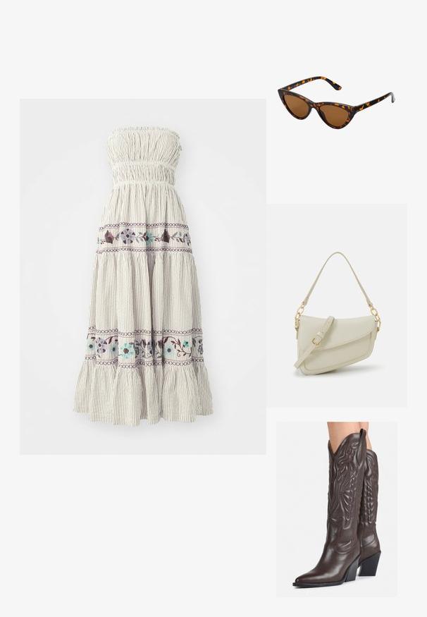 Haljina bez naramenica, s više slojeva, sa skupljenim elastikom na vrhu. Lagana tkanina sadrži vertikalne pruge i cvjetni vez u ljubičastim i tirkiznim tonovima.; Smeđe kožne kauboj čizme s šiljastim vrhom i blok-potpeticom, s detaljno izvezenim šavovima i uzdignutim naglascima na okovu.; Sunglasses u obliku mačjih očiju s okvirom u crno-narančastom kornjačevom uzorku, smešnim lećama i elegatnim, šiljastim vrhovima. Sadrži minimalni logo na dršci.; Mala krem torbica s teksturiranim finišom, dugačkim podesivim remenom, lančanim detaljem i preklopom. Zlaćani hardver.