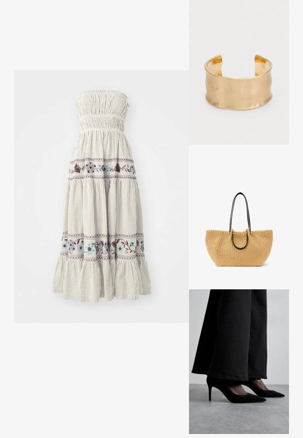 Bešvarkė, sluoksniuota suknelė su surinkta, elastinga viršutine dalimi. Lengvas audinys su vertikaliomis juostelėmis ir gėlių siuvinėjimu purpurinėmis ir turkio spalvomis.; Juodos zomšinės aukštakulnės bateliai su smailiais pirštais, derinami su juodomis plačiomis kelnėmis, pasižymi stilingu dizainu ir subtiliu blizgesiu.; Nėrinių šiaudų tote krepšys šviesiai rudos spalvos, su juodomis odinėmis rankenomis ir sidabriniais aksesuarais. Erdvus, išlenktas pavidalas su tekstūruotu paviršiumi.; Auksinės spalvos apyrankė su lygiu, banguotu paviršiumi, turinti tekstūruotą vidų ir atvirą dizainą, sukuriantį organišką formą.