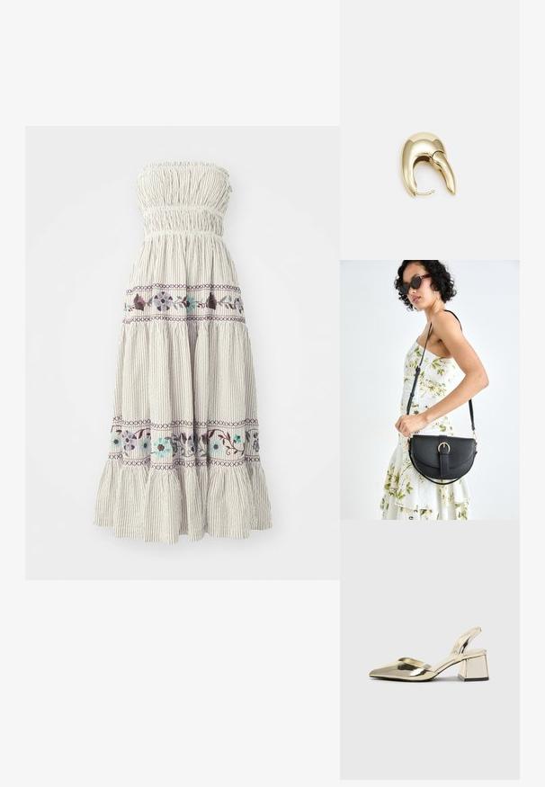 Uten skulderstropper, lagdelt kjole med en samlet, elastisk topp. Lett stoff med vertikale striper og blomsterbroderi i lilla og teal toner.; Gull, metallisk slingback-hæler med spiss tå og chunky hæl. Glatt tekstur, minimalistisk design og en smal stropp.; Svart lærveske med en buet form, avtagbar stropp og gullbeslag. Vesken har et klaff med spenne-detall.; Gullfarget metalløredobber med et elegant, buet design. Har en karakteristisk spiss form, polert overflate og hengsel-lukking.