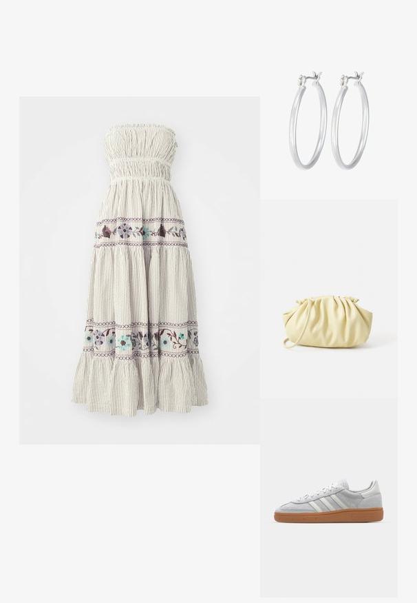 Šaty bez ramínek s vrstvením a nahrnutým elastickým vrškem. Lehká tkanina má vertikální pruhy a květinovou výšivku v purpurových a tyrkysových odstínech.; Svetle šedé nubukové tenisky s bílými koženými akcenty, třemi bílými pruhy a hnědou gumovou podrážkou, s polstrovaným límcem pro pohodlí.; Žlutá skládací kabelka vyrobená z hladké umělé kůže, s jemným tvarem, jedním ramenním popruhem a designem s nařaseným vrškem.; Stříbrné kruhové náušnice s hladkým, lesklým povrchem. Kulatý tvar a bezpečné zapínání na klip. Lehký design vhodný pro každodenní nošení.