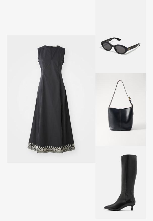 Ärmlös svart klänning med en åtsittande byst och en utsvängd kjol. Har dekorativ silverbroderi längs fållen. Dragkedjestängning bak.; Zign Stövel - black; Svarta ovala solglasögon med mörka linser och blank plastbåge. Utrustade med en gyllene logotyp på bågen, vilket ger en snygg och modern design.; Svart läder axelväska med en slät yta, som har ett tunt, långt band och en subtil sömdetalj nedtill i mitten.