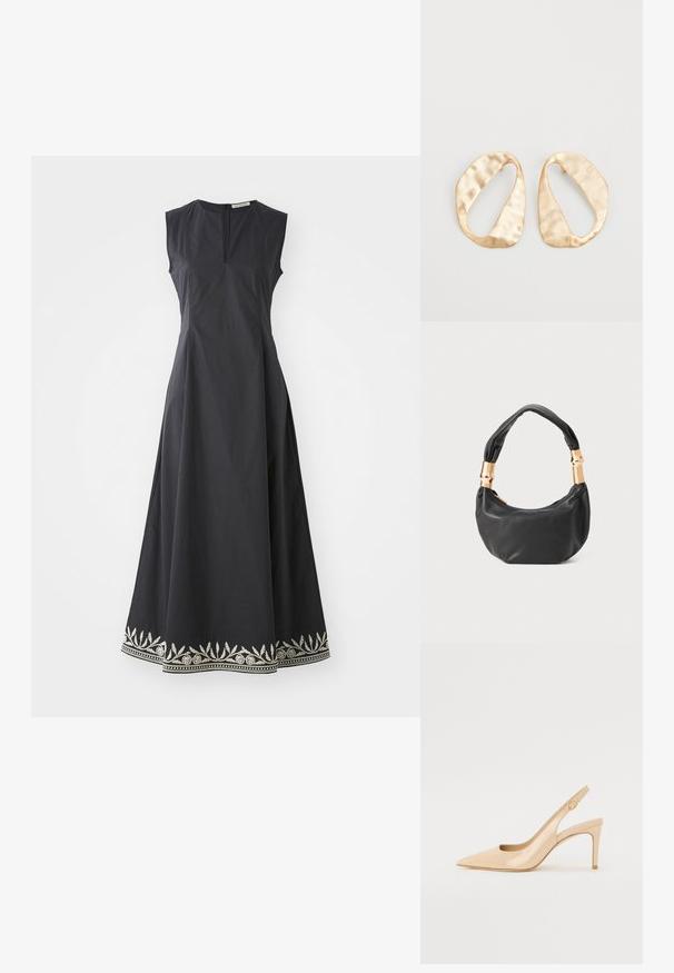 Czarna sukienka bez rękawów z dopasowaną górą i rozkloszowanym dołem. Posiada dekoracyjne srebrne hafty wzdłuż dolnego brzegu. Zamek błyskawiczny z tyłu.; Nude lakierowane czółenka na obcasie typu slingback z ostrym noskiem, otwartą cholewką i cienkim obcasem typu stiletto. Charakteryzują się okrąłym złotym akcentem na pasku.; Czarna skórzana torebka o okrągłym kształcie, miękkiej fakturze i wiązanym uchwycie z akcentami w złotym odcieniu. Zamek błyskawiczny.; Para nieregularnych, owalnych kolczyków ze złotego metalu o teksturowanej, lekko młotkowanej powierzchni na białym tle.