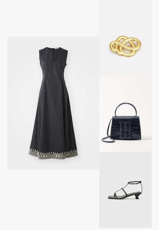 Črna obleka brez rokavov z oprijetim trupom in razširjenim krilom. Značilna okrasna srebrna vezenina ob robu. Zadrga na hrbtni strani.; Črne usnjene sandale s kvadratnim prstom, tankimi trakovi, nastavljivim trakom okoli gležnja in nizko peto. Imajo majhen zlat akcent na traku.; Črna ročno vsebovana torbica iz usnja z reliéfom krokodila, z oblikovanim dizajnom, zgornjo ročajem, prilagodljivo zanko in izstopajočim logotipom spredaj.; Broška z zlatim odtenkom, ki se ponaša s zankastim dizajnom, gladkimi, ukrivljenimi linijami in zapleteno obliko, ki odseva poliran zaključek.