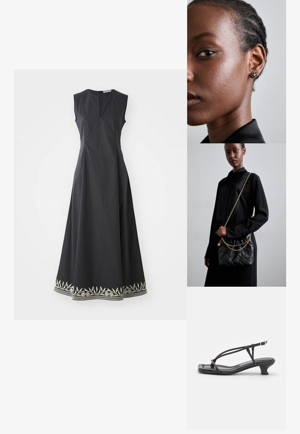 Vestido preto sem mangas com corpete justo e saia rodada. Apresenta bordados prateados decorativos ao longo da barra. Fecho de zíper nas costas.; Sandal de couro preto com tiras finas, salto bloco baixo e biqueira quadrada. Apresenta um fecho de fivela e textura suave.; Bolsa de mão preta de couro acolchoado com uma parte superior franzida, alça de corrente dourada e forma retangular, sustentada contra um fundo liso.; Os brincos de flor em ouro apresentam um centro texturizado em preto e detalhes delicados. A pele clara da modelo e o seu cabelo trançado são visíveis de lado.