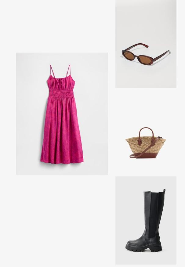 Fuchsiové maxi šaty na ramínka s nastavitelnými tenkými popruhy, smocked průramkem a texturovaným vzorem listů po celé látce.; Černé kozačky po kolena s hladkým koženým povrchem a kontrastními elastickými bočními panely. Robustní gumová podrážka s výrazným vzorkem.; Kulaté sluneční brýle hnědé barvy s lesklým burgundským rámem. Úzké nožičky s jemným logem. Rovné čočky.; Tkaný slaměný košík s hnědými koženými akcenty, dvěma uchy a odnímatelným popruhem. Zakřivený tvar se silným dnem.
