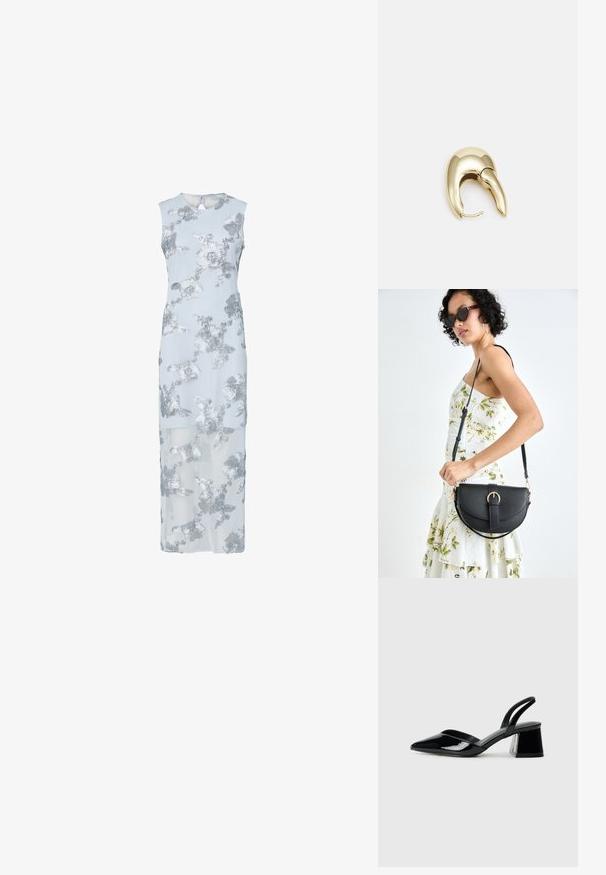 Lyseblå kjole med sølvfarget blomsterbroderi, uten ermer, kne-lang, med gjennomsiktig overlay, rund halslinning og nøkkelhull i ryggen.; Svarte patentlær slingback hæler med spiss tå og geometrisk blokk hæl. Har et stilrent, minimalistisk design og jevn tekstur.; Svart lærveske med en buet form, avtagbar stropp og gullbeslag. Vesken har et klaff med spenne-detall.; Gullfarget metalløredobber med et elegant, buet design. Har en karakteristisk spiss form, polert overflate og hengsel-lukking.