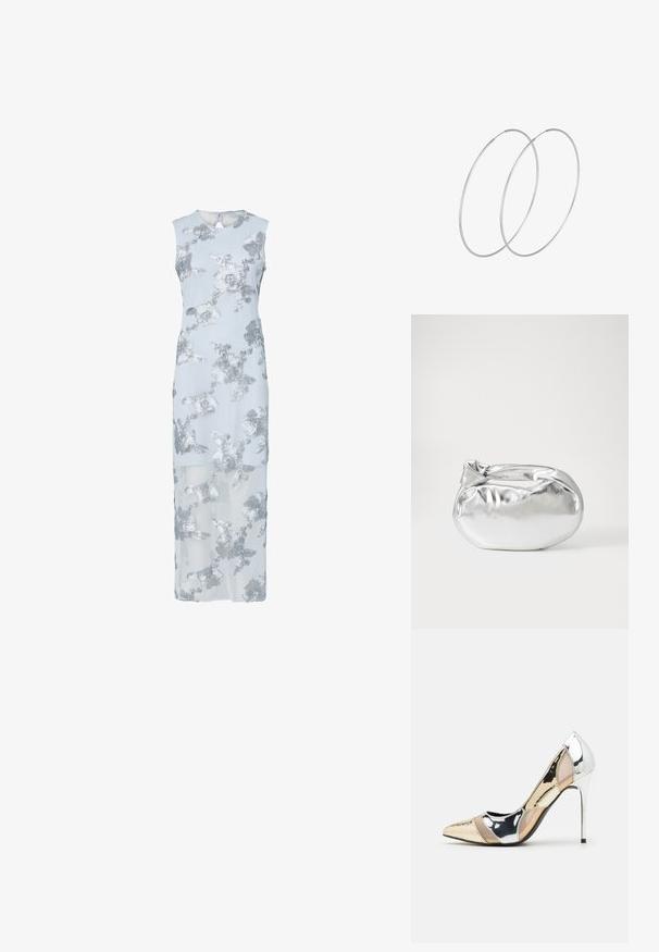 Jasnoniebieska sukienka z srebrnym haftem w kwiaty, bez rękawów, do kolan, z przezroczystą narzutką, okrągłym dekoltem i otworem w tylnej części.; Czółenka na wysokim obcasie z wąskim noskiem w kolorze srebrnym, złotym i nude. Lśniące wykończenie z wycięciami, z obcasem w stylu stiletto.; Srebrna metaliczna torba worek o miękkim, zaokrąglonym kształcie i zawiązywanym z góry zapięciem. Wykonana z gładkiego materiału imitującego skórę.; Srebrne kolczyki w formie obręczy o minimalistycznym designie. Okrągły kształt, gładka faktura i cienki profil. Lekkie, z polerowanym wykończeniem.