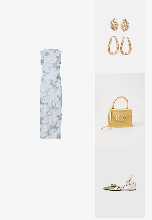 Vestido azul-claro com bordado floral prateado, sem mangas, medida até ao joelho, sobreposição transparente, decote redondo e fecho em forma de buraco nas costas.; Sapatos de salto alto metálicos dourados, com biqueira em ponta e salto grosso. Textura suave, design minimalista e uma tira estreita.; Bolsa amarela em pele de crocodilo falsa, com um design estruturado, pega no topo, alça de corrente removível e decoração de cristal no fecho.; Brincos em tom de ouro com formas onduladas e texturizadas. Inclui studs escultóricos com presilha e um design de argola aberta com um acabamento martelado.