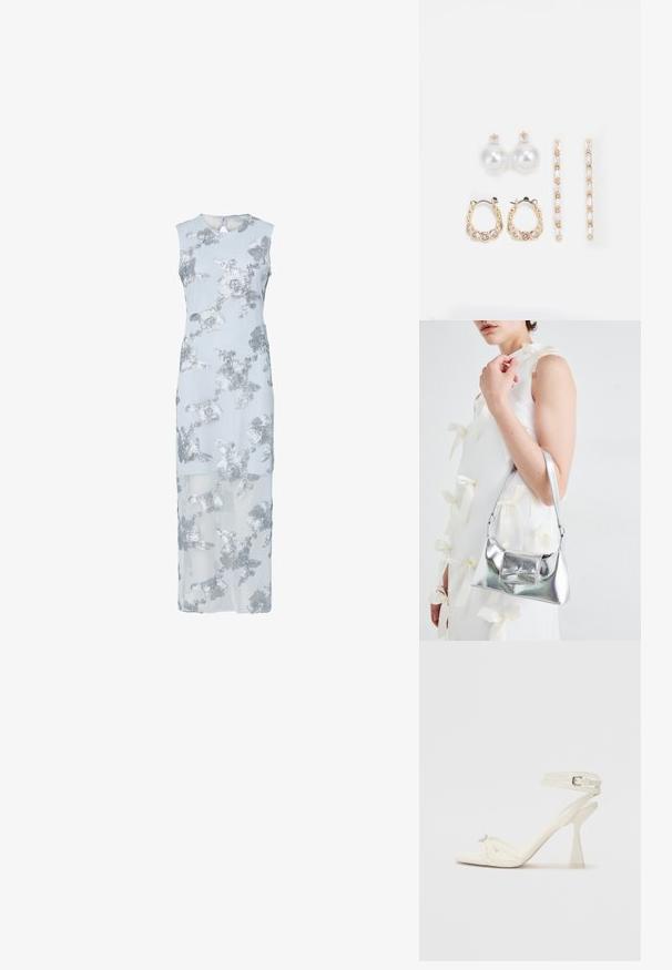 Heledad siniste kleit hõbedaste lillede tikandiga, ilma varrukateta, põlvekohale ulatuv, läbipaistev ülerõivaplus, ümar kaelus ja seljal nööbiga ava.; Köitmine kõrge kontsaga sandaal valgest nahast, millel on stiilne disain, läbipaistev plokk-konts ja dekoratiivne element varvaste juures.; Hõbedane metallik käekott struktureeritud kujuga, millel on ülemine sang ja ettepoole suunatud paeladetail. Sile tekstuur, peegeldav viimistlus.; Kolm paari kõrvarõngaid: suured valged pärlstudid, kuldsed rõngad läbipaistvate gemmidega ning kaks pikka, sirget kullast aktsentkõrvarõngast sädeleva detailiga.