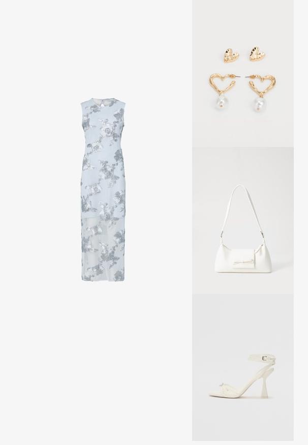 Světle modré šaty s stříbrnou květinovou výšivkou, bez rukávů, do délky kolen, s průsvitným překrytím, kulatým výstřihem a klíčovým otvorem na zádech.; Bílé kožené sandály na vysokém podpatku s tenkými řemínky, elegantním designem, průhledným blokovým podpatkem a dekorativním prvkem na špičce.; Bílá syntetická kabelka v trojúhelníkovém tvaru, s plochým předním klopným víkem a detailem mašle, nastavitelným popruhem, hladkým povrchem a minimalistickým designem.; Náušnice ve tvaru srdce zlaté barvy s texturovaným povrchem, zdobené visícím perlou. Součástí jsou i odpovídající náušnice ve tvaru srdce na výrobu.