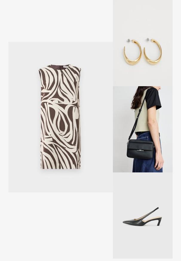 Bezrukávové šaty v béžovej a hnedej farbe s vírivaným listovým vzorom. Majú vysoký golier a uzavieranie na zips na zadnej strane. Vyrobené z texturovanej tkaniny.; Čierne slingback topánky s ostrou špičkou a nízkym opätkom, vyrobené z hladkej kože a s výrezmi na boku pre lepšiu priedušnosť.; Calvin Klein LINEAR CAMERA BAG - Taška cez plece - black; Zlaté kruhové náušnice s hladkým, zakriveným dizajnom. Vyrobené z kovu, s elegantným povrchom a uzáverom na zadnej strane.