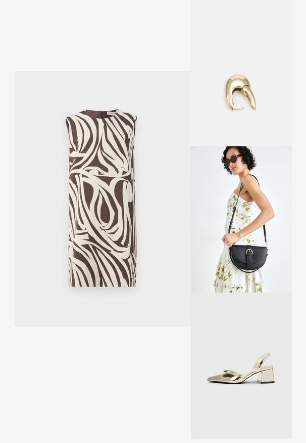 Sølvløs kjole i krem og brunt med et svingende bladmønster. Har høy krage og glidelås i ryggen. Laget av teksturert stoff.; Gull, metallisk slingback-hæler med spiss tå og chunky hæl. Glatt tekstur, minimalistisk design og en smal stropp.; Svart lærveske med en buet form, avtagbar stropp og gullbeslag. Vesken har et klaff med spenne-detall.; Gullfarget metalløredobber med et elegant, buet design. Har en karakteristisk spiss form, polert overflate og hengsel-lukking.