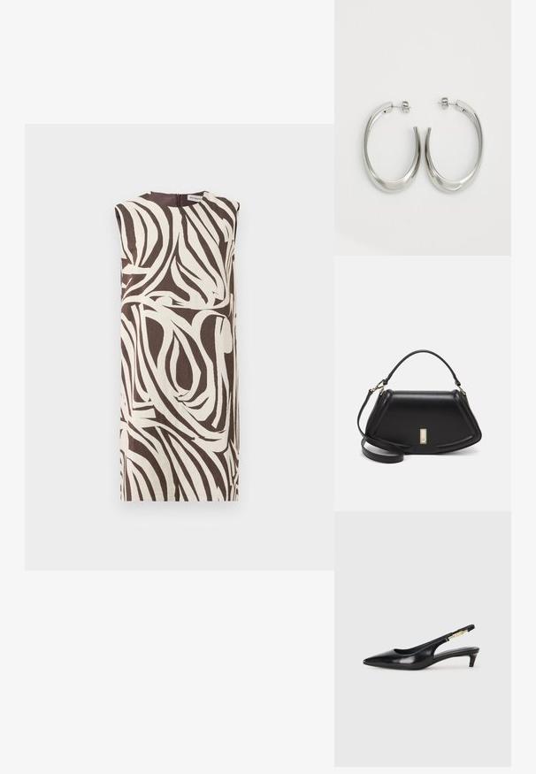 Beijamas bešvys su kreminės ir rudos spalvos sukimo lapų raštu. Yra aukštas apykaklė ir užtrauktukas gale. Pagamintas iš tekstūruoto audinio.; Juodas odinis pavasario batelių modelis su smailiu nosiu, turintis siaurą kulniuką ir auksinės spalvos akcentu reguliuojamoje juostoje. Lygi tekstūra.; Juoda odinė rankinė su struktūrizuotu dizainu, turi trumpą formą, viršutinę rankeną ir auksinius akcentus. Pridėtas reguliuojamas peties diržas.; Sidabriniai apvalūs auskarai su lygiu, išlenktu dizainu. Yra blizgus metalinis paviršius ir smeigtukų uždarymas. Nėra matomų raštų ar akcentų.