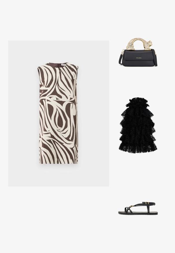 Rochie fără mâneci, în nuanțe de crem și maro, cu un model de frunze în spirală. Are un gât înalt și închidere cu fermoar la spate. Confecționată dintr-un material texturat.; Rochie neagră cu volane, realizată dintr-un material texturat, având multiple straturi și un guler bufant, creând o siluetă voluminoasă.; Sandale negre din piele, cu curele subțiri și o curea cu cataramă la gleznă. Talpă plată cu un finisaj texturat și margine în zigzag. Design minimalist.; Geantă de piele neagră cu un mâner în formă de pisică aurie, având clapetă frontală, curea ajustabilă și detaliu cu logo în partea inferioară frontală.