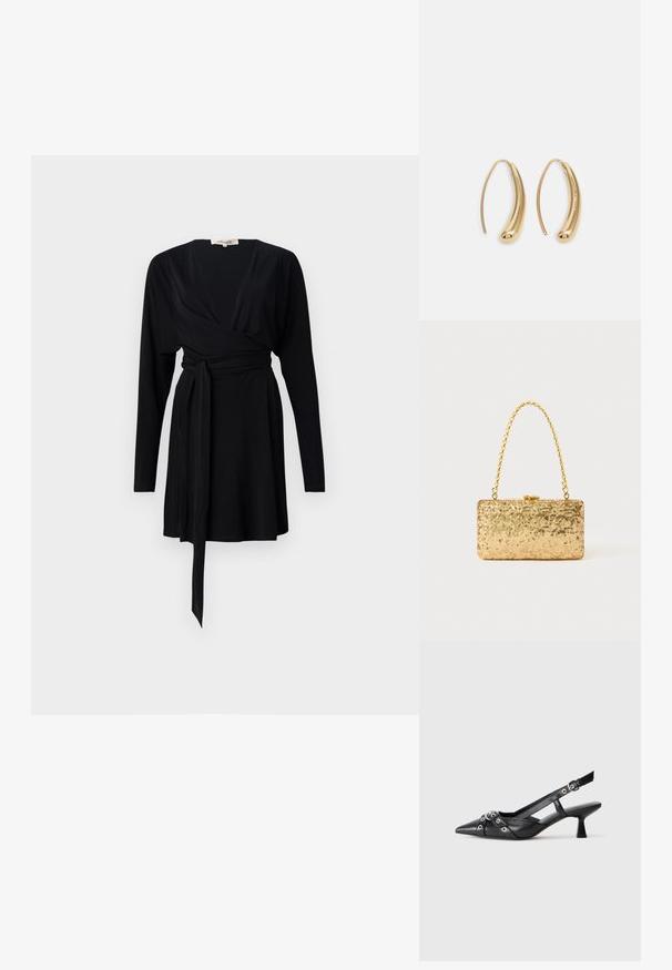 Vestido preto envolvente com mangas longas, decote em V, presilha na cintura, tecido suave e bainha esvoaçante.; Sapato slingback em couro preto com biqueira fina, tiras decorativas com ilhós de metal e um pequeno salto quadrado. Superfície texturizada.; Clutch dourada em lantejoulas com formato retangular, apresentando uma alça de corrente torcida e um fecho de metal, refletindo a luz com um acabamento texturizado.; Brincos em metal dourado com forma de arco alongado e curvado. Apresentam uma superfície lisa e brilhante, com uma ponta arredondada para um detalhe adicional.