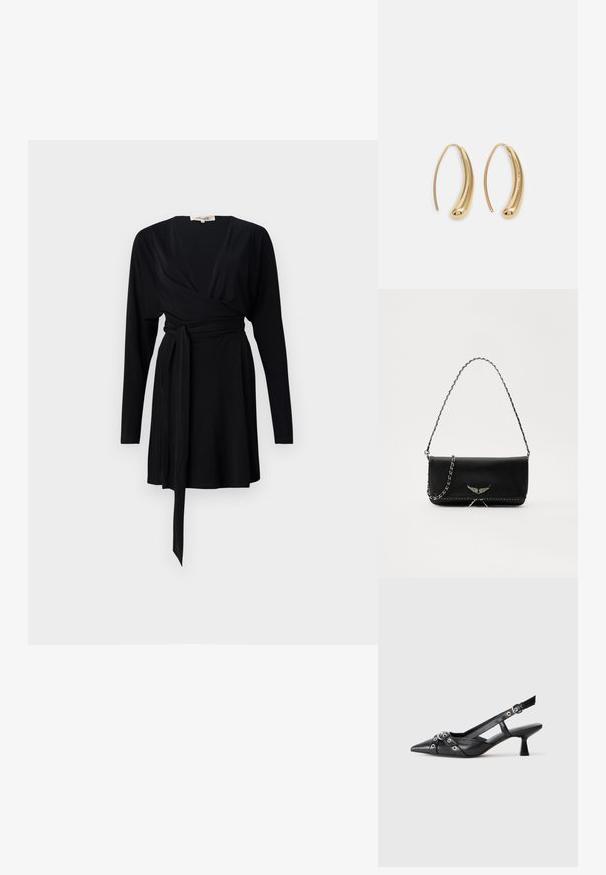 Juoda suknelė-apykaklė su ilgomis rankovėmis, V formos iškirpte, diržo tvirtinimu juosmens srityje, glotnia medžiaga ir plazdančiu sijonu.; Juodas odinis slingback tipo batai su smailiu priekiniu atvartu, dekoratyvinėmis sagtimis su metaliniais akyčiais ir žemu blokiniu kulnu. Saldus paviršius.; Juodas odinis delninukas su sidabro spalvos grandinele, papuoštas dekoratyviniais sparnų akcentais ir balta siūle apačioje.; Auksinės metalinės auskarų kabės su lenktą, pailgą forma. Turi lygų, blizgantį paviršių ir užapvalintą galiuką papildomam akcentui.