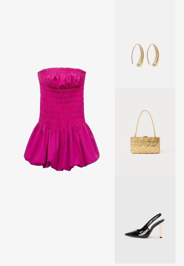 Fuksjowa sukienka bez ramiączek z marszczonym korpusem i obszerną, rozkloszowaną spódnicą. Wykonana z gładkiego materiału, z zebranym górnym brzegiem.; Czarne patentowe skórzane buty na obcasie typu slingback z wydłużonym noskiem i złotym kwadratowym akcentem na obcasie. Posiada regulowany pasek w okolicy kostki.; Złota kopertówka z cekinami o prostokątnym kształcie, z zakręconym uchwytem w postaci łańcuszka oraz metalowym zapięciem, odbijająca światło o fakturowanym wykończeniu.; Złote metalowe kolczyki w kształcie obręczy o zakrzywionym, wydłużonym kształcie. Posiadają gładką, błyszczącą powierzchnię oraz zaokrąglony koniec dla dodatkowego efektu.