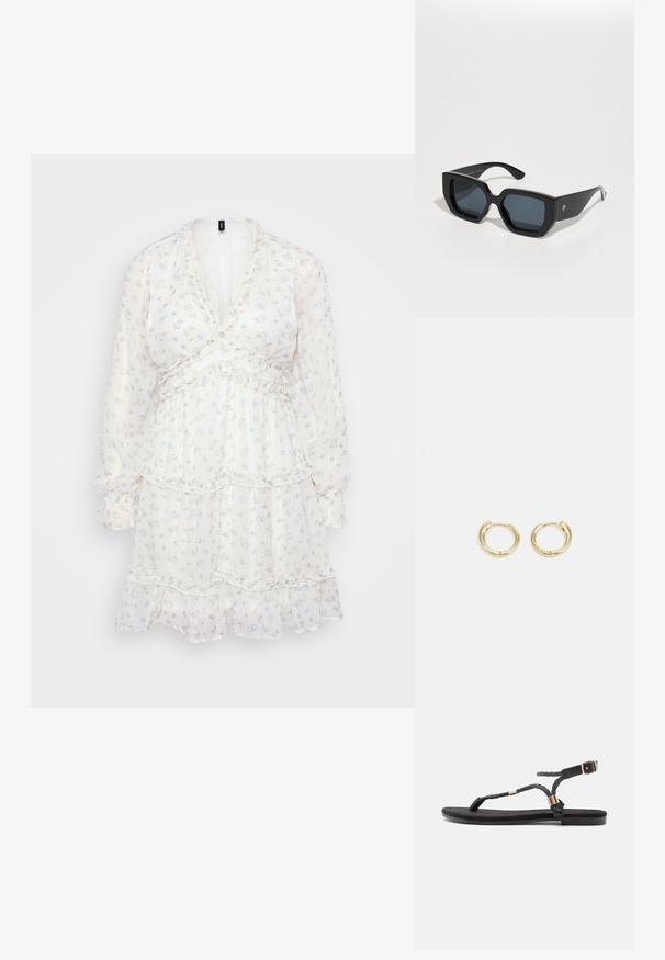 Balta gėlių suknelė su ilgomis rankovėmis, raukšlėtomis detalėmis ir V formos iškirpte. Suknelė turi mažų mėlynų gėlių ant permatomos medžiagos, suteikiančios lengvą tekstūrą.; Juodos plokščios šlepetės su pintomis dirželiais ir metaliniu akcentu. turi reguliuojamą sagtį ir plokščią gumos padą patogumui.; Juodos didelės saulės akinių su geometriniu raštu, stačiakampiais objektyvais ir blizgiu paviršiumi. Nėra matomo prekės ženklo priekyje.; Auksiniai auskarai su sklandžiu, apvaliu dizainu. Savybės: mažas uždarymo mechanizmas, lengvas įvaizdis ir poliruotas paviršius.