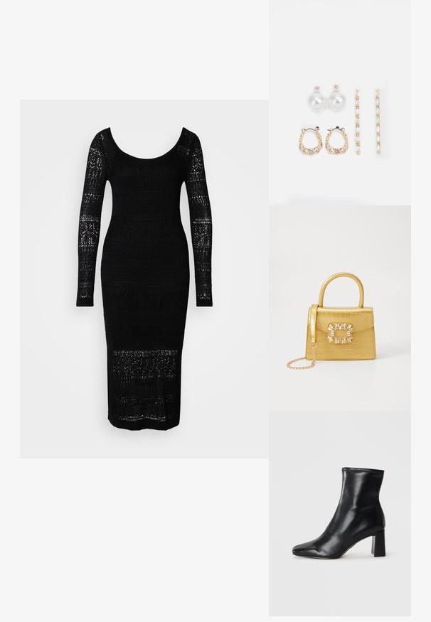 Černé pletené šaty s dlouhými rukávy, výstřihem do véčka, přiléhavým siluetou a otvorovými vzory podél těla a rukávů.; Černé kožené kotníkové boty s špičatou špičkou a strukturovaným blokovým podpatkem. Hladký povrch s elegantním, minimalistickým designem.; Žlutá kabelka z umělé krokodýlí kůže se strukturovaným designem, horním uchopem, odnímatelným řetízkovým popruhem a dekoračním krystalovým zdobením na zapínání.; Tři páry náušnic: velké bílé perlové naušnice, zlaté kruhové naušnice s průhlednými drahokamy a dvě dlouhé, rovné zlaté naušnice s třpytivými detaily.