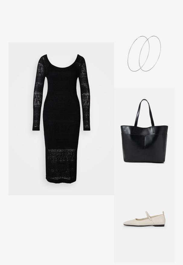 Robe en tricot noir à manches longues, décolleté arrondi, silhouette ajustée et motifs ajourés le long du corsage et des manches.; Ballerines blanches en cuir avec un bout pointu, une boucle sur le côté et un petit talon noir. Texture lisse et design minimaliste.; Sac fourre-tout en cuir noir avec deux longues poignées, une texture lisse et une forme structurée. Dispose d'une poche avant pour un rangement supplémentaire.; Boucles d'oreilles en argent au design minimaliste. Forme circulaire, texture lisse et profil fin. Légères avec une finition polie.