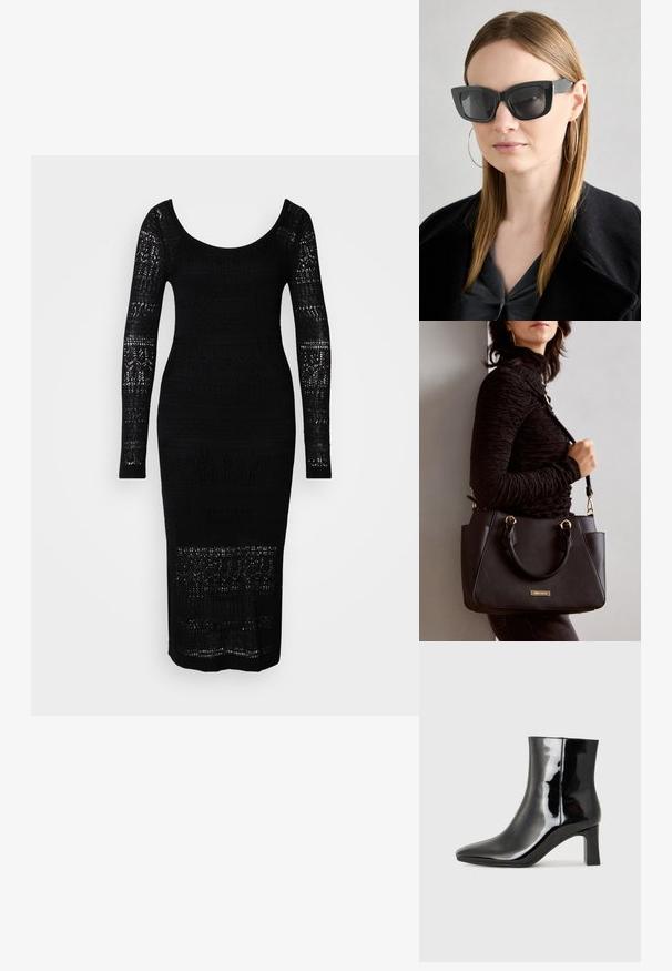 Vestido preto de malha com mangas longas, decote redondo, silhueta justa e padrões em renda ao longo do corpete e das mangas.; Botim de tornozelo em pele sintética preta com bico apontado e salto bloco de altura média. Textura suave e design minimalista.; Óculos de sol pretos em formato de gato com lentes escuras, armações grossas e acentos subtis. Usados com um casaco preto e uma blusa cinza, apresentando cabelo longo e liso.; Bolsa preta com superfície texturizada, alças superiores duplas e alça de ombro ajustável. Apresenta ferragens em tom dourado e bolsos laterais.