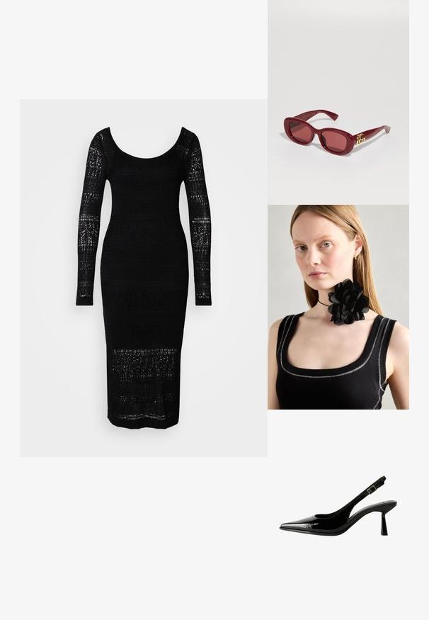 Czarna dzianinowa sukienka z długimi rękawami, okrągłym dekoltem, dopasowanym krojem i ażurowymi wzorami na korpusie i rękawach.; Czarne lakierowane pantofle na obcasie typu slingback z ostrym noskiem, wyciętymi bokami, regulowanym paskiem na kostce i cienkim, smukłym obcasem.; Czerwone plastikowe okulary przeciwsłoneczne o prostokątnych oprawkach, przyciemnionych soczewkach i złotym akcentem logo na zausznikach. Gładkie, błyszczące wykończenie.; Czarny naszyjnik-choker z kwiatów, wykonany z warstwowych płatków, noszony z czarnym, prążkowanym topem na ramiączkach z srebrnymi akcentami przy dekolcie i ramionach.