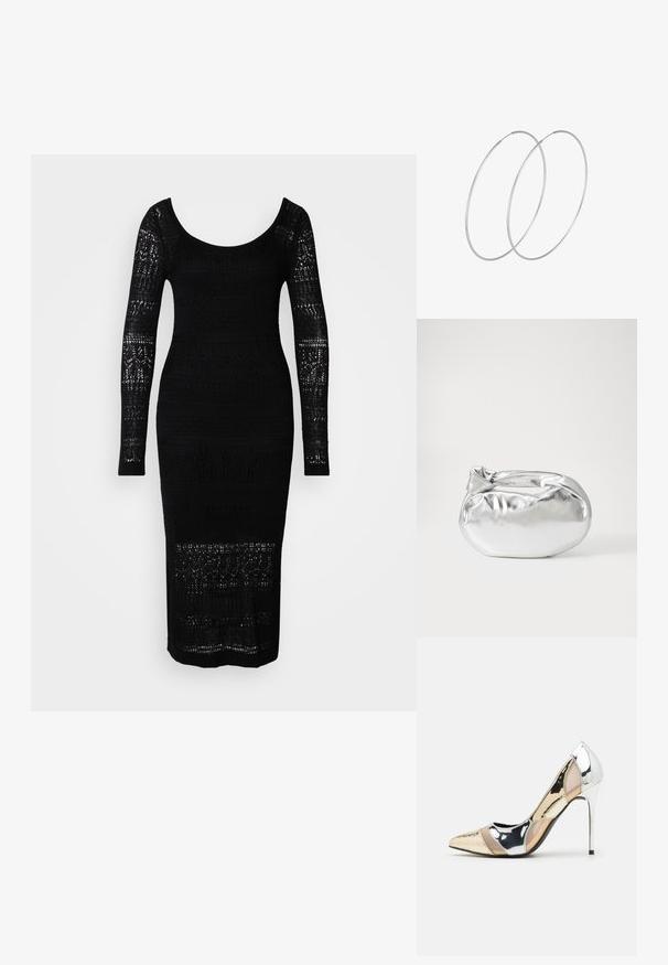 Czarna dzianinowa sukienka z długimi rękawami, okrągłym dekoltem, dopasowanym krojem i ażurowymi wzorami na korpusie i rękawach.; Czółenka na wysokim obcasie z wąskim noskiem w kolorze srebrnym, złotym i nude. Lśniące wykończenie z wycięciami, z obcasem w stylu stiletto.; Srebrna metaliczna torba worek o miękkim, zaokrąglonym kształcie i zawiązywanym z góry zapięciem. Wykonana z gładkiego materiału imitującego skórę.; Srebrne kolczyki w formie obręczy o minimalistycznym designie. Okrągły kształt, gładka faktura i cienki profil. Lekkie, z polerowanym wykończeniem.