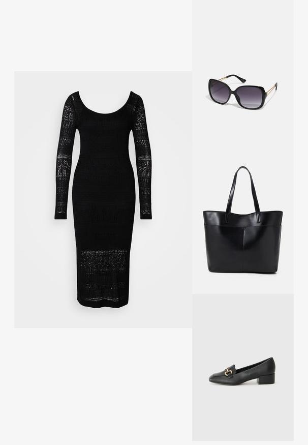 Musta neulemekko pitkillä hihoilla, pyöreällä kaula-aukolla, tiukalla siluetilla ja aukko-ompelukuvioilla bodice- ja hihoissa.; Musta nahkainen loaferit matalalla korolla, joissa on koristeellinen kultainen yksityiskohta edessä ja sileä pinta.; Mustat ylisuurten kehysten aurinkolasit, joissa on liukuväri-linssit, paksut kehykset ja kultasävyiset ketjustuskoristeet temppeleissä.; Musta nahkainen kassi, jossa on kaksi pitkää kahvaa, sileä pinta ja jämäkkä muoto. Sisältää etutaskun lisävarastointia varten.