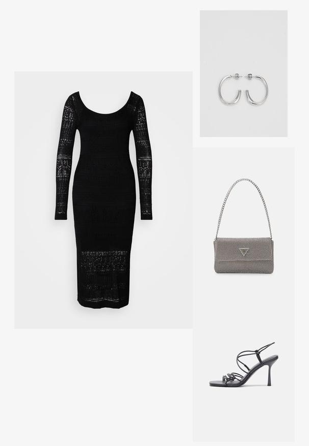 Juodos megztinės suknelė ilgomis rankovėmis, su apvaliu iškirpimu, prigludusia siluetu ir nėrinių raštais palei liemenį ir rankoves.; Juodos aukštakulnės sandalai pasižymi plonyčiais dirželiais su mazgo dizainu, lygiu kvadratiniu pirštu ir elegantišku stiletto kulnu.; Šviesiai pilka metalinė rankinė su grandinėlės dirželiu, papuošta mažais apvaliais metaliniais smeigėmis ir trikampiu prekės ženklu.; Sidabrinės auskarai žiedai su lygiu, blizgiu paviršiumi. Suapvalinta forma, lengvas dizainas, su uždarymu ant smeigtuko.