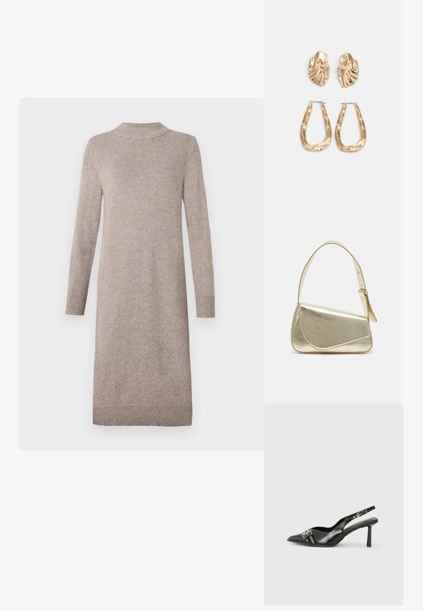 Langermet, kne-lengde beige strikket kjole med ribbede mansjetter, krage og nederkant, vist på en enkel hvit bakgrunn.; Sorte patentlær slingback-sko med spiss tå, ankelremmer med sølvspenner og detaljer, og en slank hæl.; Gullfarget metallisk håndveske med en strukturert design, glatt tekstur og justerbar stropp. Har en unik trekantet form og minimalistisk søm.; Gullfargede øredobber med teksturerte, bølgete former. Inkluderer skulpturelle klipsstuds og åpen hoop-design med en hamret finish.