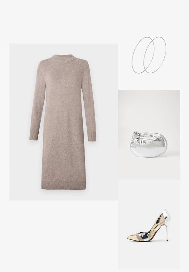 Bež pletena obleka z dolgimi rokavi in dolžino do kolen, z rebrastimi manšetami, ovratnikom in robom, prikazana na enostavni beli podlagi.; Čevlji z visoko peto in konico, v barvni kombinaciji srebrne, zlate in nude. Sijajna obdelava z izrezljanim dizajnom, z igličasto peto.; Srebrna kovinska torbica z mehko, zaobljeno obliko in zavezano zgornjo zaporo. Narejena iz gladkega umetnega usnja.; Srebrne uhane v obliki obroča z minimalističnim dizajnom. Krožna oblika, gladka tekstura in tanek profil. Lahki s poliranim zaključkom.