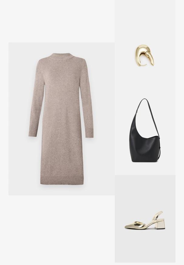 Světle béžové pletené šaty s dlouhým rukávem a délkou po kolena, se žebrovanými manžetami, límcem a lemem, vystavené na čistém bílém pozadí.; Kovové zlaté pantofle na podpatku s špičatou špičkou a masivním podpatkem. Hladký povrch, minimalisticý design a úzký pásek.; Černá kožená hobo taška s hladkým povrchem, zakřiveným tvarem a jedním nastavitelným popruhem; má široké otevírání nahoře.; Náušnice ve zlatém tónu z kovu s elegantním zakřiveným designem. Vyznačují se jedinečným špičatým tvarem, lesklým povrchem a závěsem na kloub.